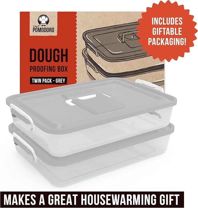 Chef Pomodoro Pizza Dough Proofing Box 14x11 Dough Container Grey 2-Pack | Preparation Container With Lid, Fits 4-6 Proofing Balls; A Household Pizza And Bread Dough Tray With Convenient Carry Handle