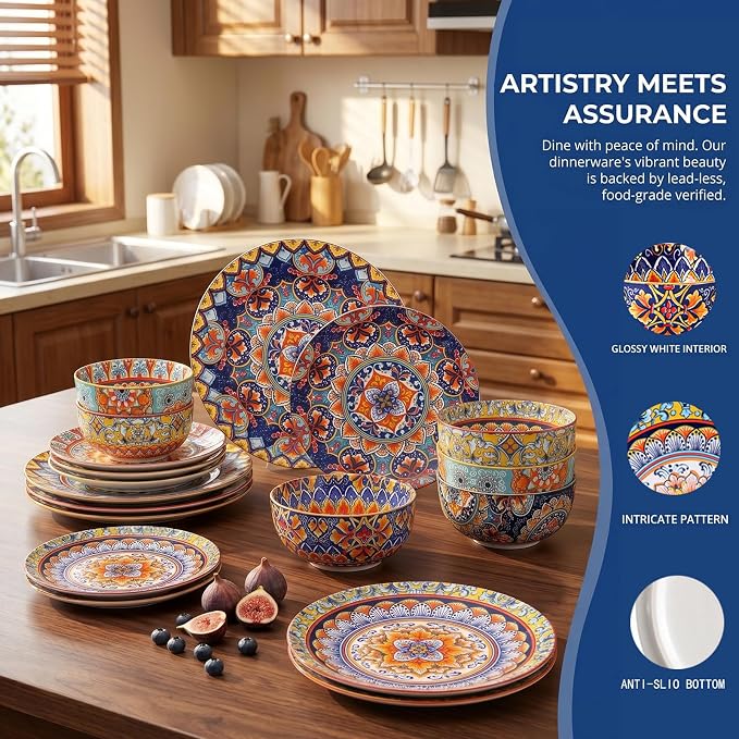 12-Piece Bohemian Porcelain Dinnerware & Dish Sets for 4 – Microwave & Dishwasher Safe, Scratch & Chip Resistant, Colorful Ceramic Plates & Bowls for Kitchen, Wall Decor & Housewarming Gift