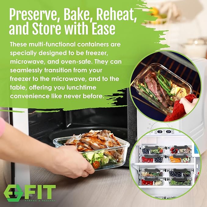 FIT Strong & Healthy 32 oz Glass Meal Prep Containers & 32 oz Glass Water Bottle with Straw Lid, Thick Silicone Sleeve, Leakproof, Black, Adult, Meal Prep Set