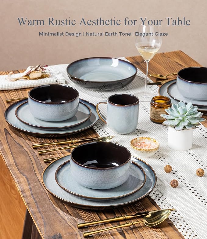 LeRatio Ceramic Dinnerware Sets for 6,Porcelain Plates and Bowls Sets,Handmade Reactive Glaze Dishes Set,Chip Resistant and Scratch Resistant | Oven&Dishwasher & Microwave Safe-Gray White(18PCS)