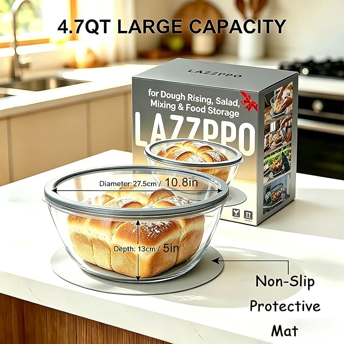 Large Glass Bowl for Sourdough Bread Making, 4.7 Quart Glass Mixing Bowl with Lid, Glass Dough Proofing Container, Clear Borosilicate Glass Bowl with Silicone Mat for Baking Gift Women