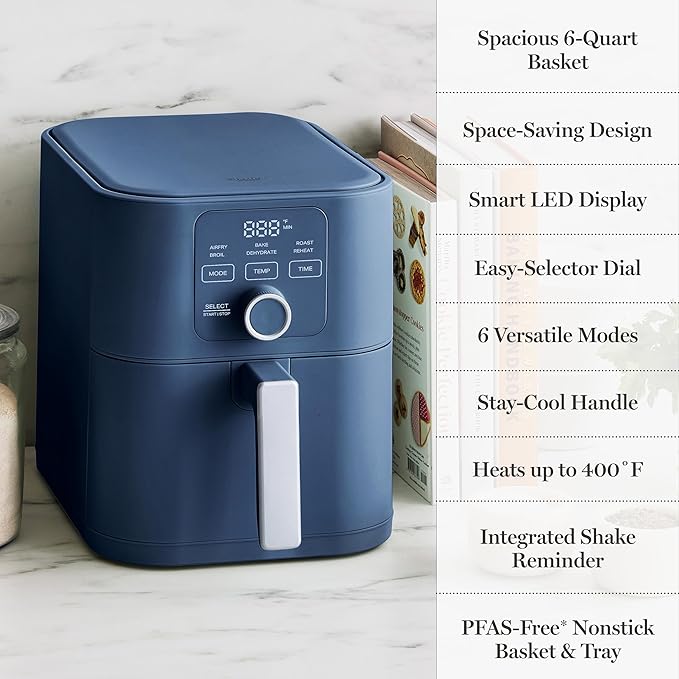 Martha Stewart 6QT Air Fryer, 6-in-1, Bake, Broil, Roast, Air Fry, Dehydrate, Reheat, Ceramic Non-Stick Basket, Crispy Results Fast, 400°F Max Temp, Shake Reminder, Auto Shut-Off, Indigo Blue