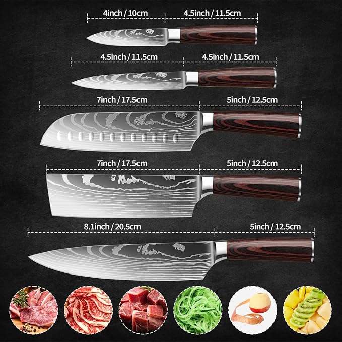 5-Piece Premium Japanese Kitchen Knife Set - Star Collection, Laser Damascus Pattern, 440A Stainless Steel Ultra Sharp for Fast Cutting (Redwood 5A)
