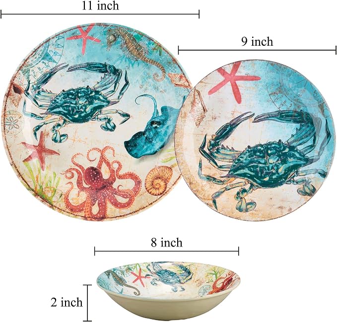 UPware 12 Piece Crab Melamine Dinnerware Sets, Outdoor Dishes Set, Plates and Bowls Sets, Service for 4, Multicolor