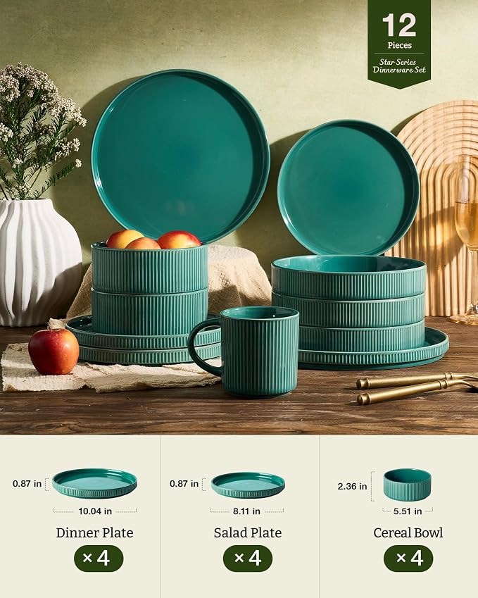 Famiware Star 12-Piece Stoneware Dinnerware Set for 4 – Sage Green, Ceramic Ribbed Plates and Bowls – Modern Rustic Dishes, Everyday & Formal – Chip & Scratch Resistant, Microwave & Dishwasher Safe