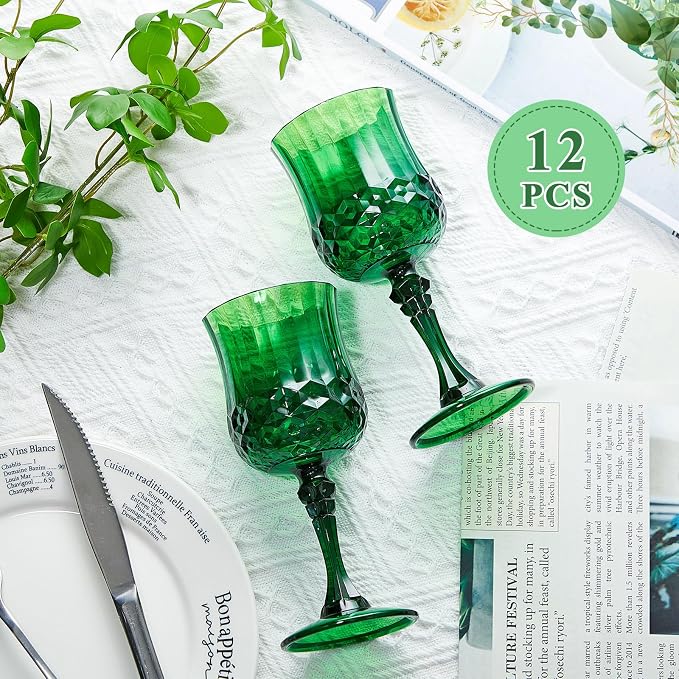 Pinkunn 12 Pcs 7 oz Plastic Vintage Wine Glasses Reusable Colored Goblets Patterned Drinking Water Glasses Cup Dishwasher Safe for Mother's Day Wedding Reception Party Supplies (Green)