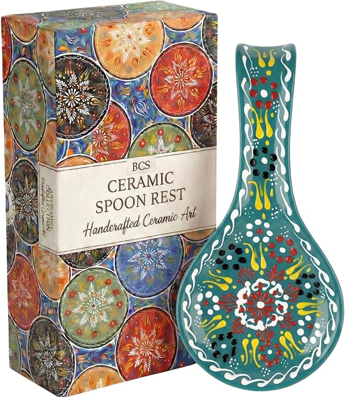 BCS Ceramic Spoon Rest, Large 9” Hand Painted Spoon Holder for Stove Top & Kitchen Counter, Dishwasher Safe & Heat Resistant Utensil Holder, Floral Kitchen Decor, Handmade Pottery