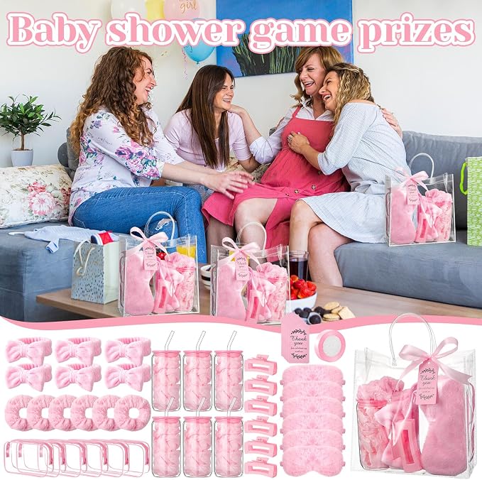 48 Pcs/6 Sets Baby Shower Prizes Winners Include Glass Cans Spa Headband Plush Sleep Eye Mask Hair Claw Clips Clear Cosmetic Bags Baby Shower Player Winner Gifts Bridal Game Gifts(Pink)