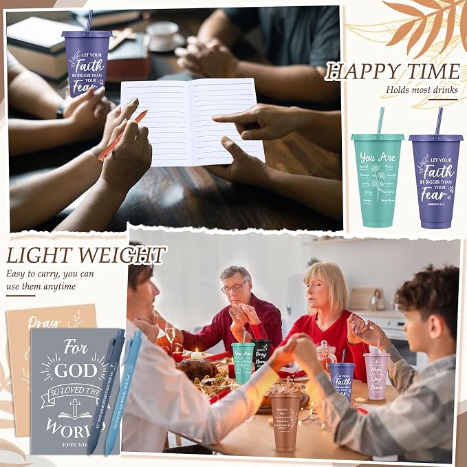Feifeiya 72 Pcs/ 24 Set Christian Gifts Bulk 24 oz Bible Verse Plastic Tumbler with Lids and Straws Inspirational Prayer Notepads Religious Pen Church Cups Gift for Christian Christmas Party Favors