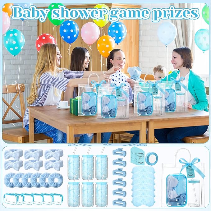 48 Pcs/6 Sets Baby Shower Prizes Winners Include Glass Cans Spa Headband Plush Sleep Eye Mask Hair Claw Clips Clear Cosmetic Bags Baby Shower Player Winner Gifts Bridal Game Gifts(Blue)