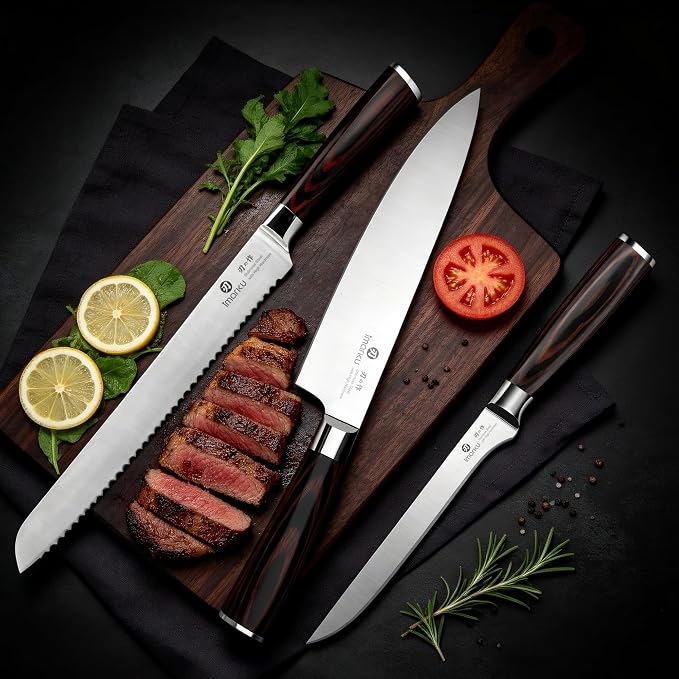 imarku Knife Set, 3 Piece Japanese High Carbon Stainless Steel | Razor Sharp 8 inch Chef Knife, 10 inch Bread Knife and 6 inch Boning Knife for Meat, Bread, Vegetables and Kitchen Prep