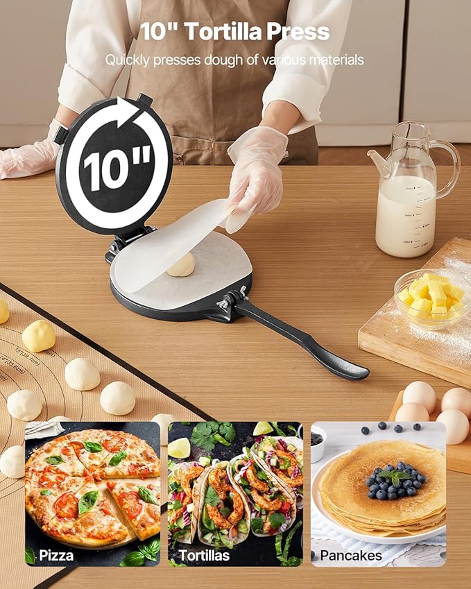 VEVOR Tortilla Press, 10 Inch Cast Iron Tortilla and Roti Maker, Heavy Duty Tortilladora Press, Pataconera Makers with Handle and 100 Pcs Parchment Paper, Dough Taco Press for Flour Tortilla, Tawa