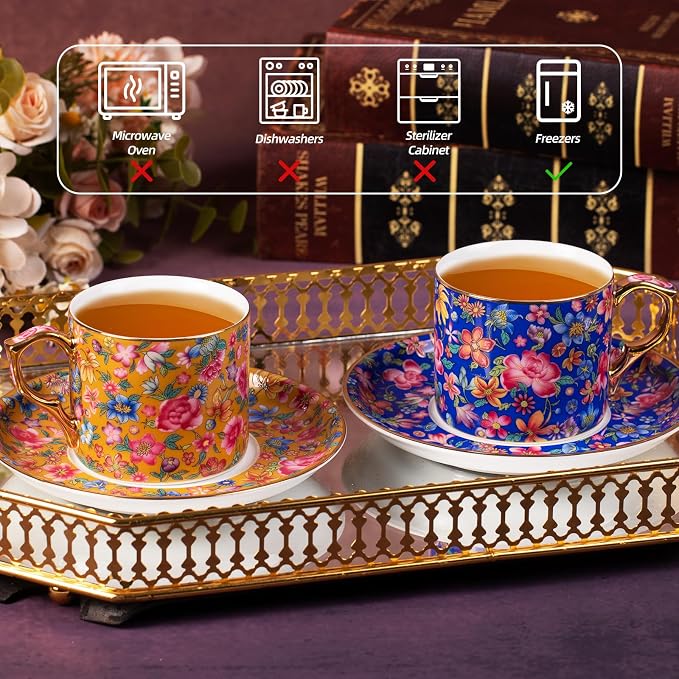 KAMMAK Tea Cups and Saucers Set of 2, Porcelain Coffee Cups, 6oz Stackable Espresso Mugs, Ceramic Demitasse for Coffee, Latte, Americano, Tea (649N+650N)