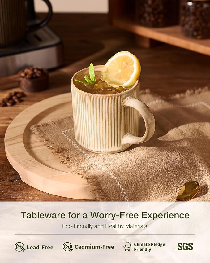 famiware Coffee Mug Set for 6, Star 12 oz Catering Mugs Cup Set with Handle for Coffee, Tea, Cocoa, Milk - Ceramic Stoneware Drinkware Set, Cream
