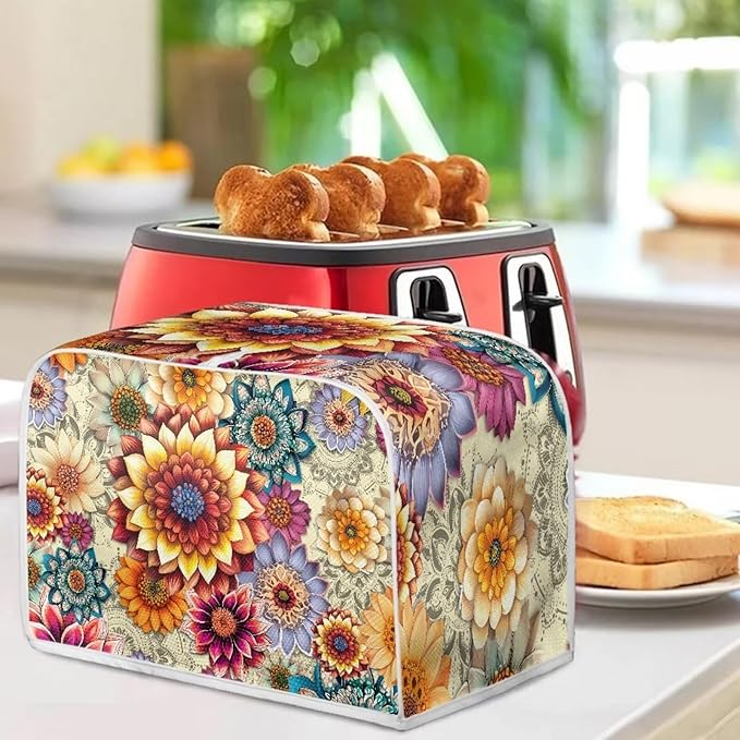Bright Floral Blender Cover Toaster Cover Boho Mandala Floral 4 Slice Coffee Maker Appliance Covers Washable Cover Anti Fingerprint Protection
