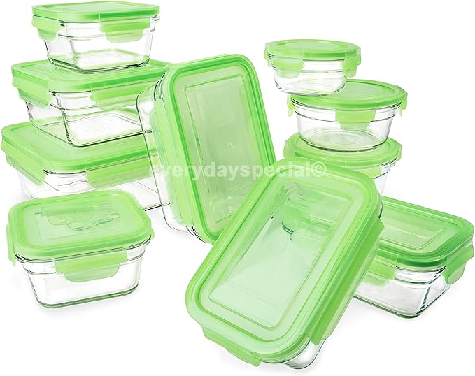 Tempered Glasslock Storage Containers 20pc set Green Lids Microwave & Oven Safe Airtight Anti Spill Proof
