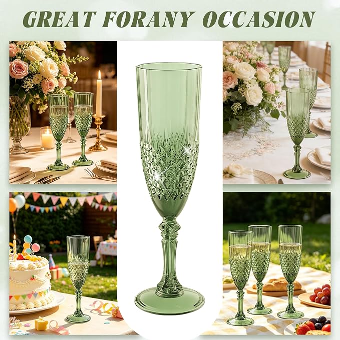 Plastic Champagne Flutes, Champagne Glasses Bulk, Reusable Unbreakable Acrylic Wine Glasses Goblets for Weddings Bachelor Parties Toasting Bridal Shower (12, Sage Green)
