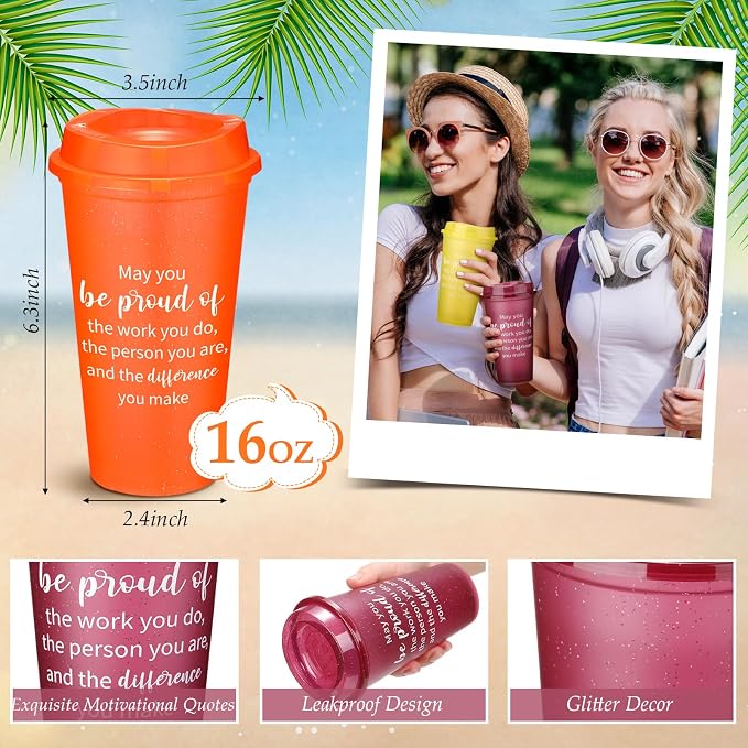 Skylety 24 Pcs Appreciation Tumblers Gifts Bulk 16 oz Thank You Teacher Employee Plastic Coffee Cups with Lids Colorful Reusable Inspirational Tumblers for Coworker Staff Christmas