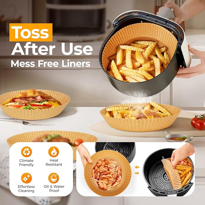 Air Fryer Liners for Ninja, 200 Pcs 8" Round Airfryer Paper Liners Disposable for Oven, Pans & Baking, Non-Stick and Oil Proof Parchment Paper for 5-8 qt Air Fryer Basket by Vailnd