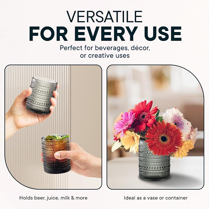 12 Oz Hobnail Drinking Set, Smokey Gray, Set of 12 | Vintage Embossed Glassware, Textured Tumblers, Includes Straws and Coasters, For Water, Beer, Cocktails, Mocktails, Whiskey
