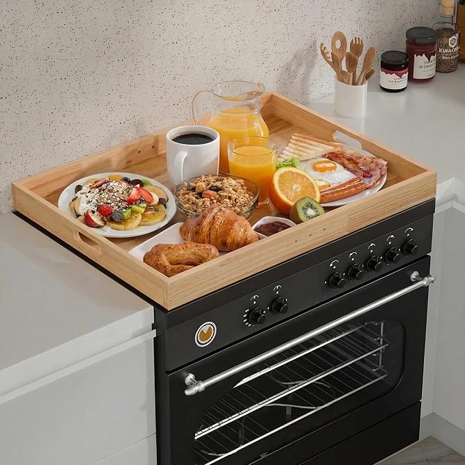 Rubberwood Stove Cover for Gas & Electric Burners, 28.82”x20.83”x2.12'' (Inner) Noodle Board with Handles, Cutting Board with Juice Groove, Serving Tray (Natural Rubberwood)