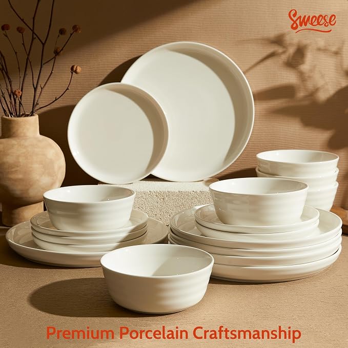 Sweese Plates and Bowls Sets,18 Pieces Modern Porcelain Dinnerware Set for 6 Handcrafted Uniqe Dinner Set Ceramic Dishware Dishes Microwave and Dishwasher Safe, White