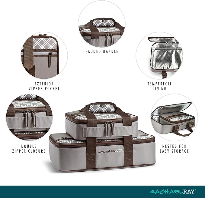 Rachael Ray Lugger Duo, Insulated Casserole Carrier for Hot or Cold Food, Thermal Lasanga Lugger Tote for Pockluck, Parties, Picnic, and Cookouts, Fits 9" x 13" Baking Dish, Sea Salt Grey