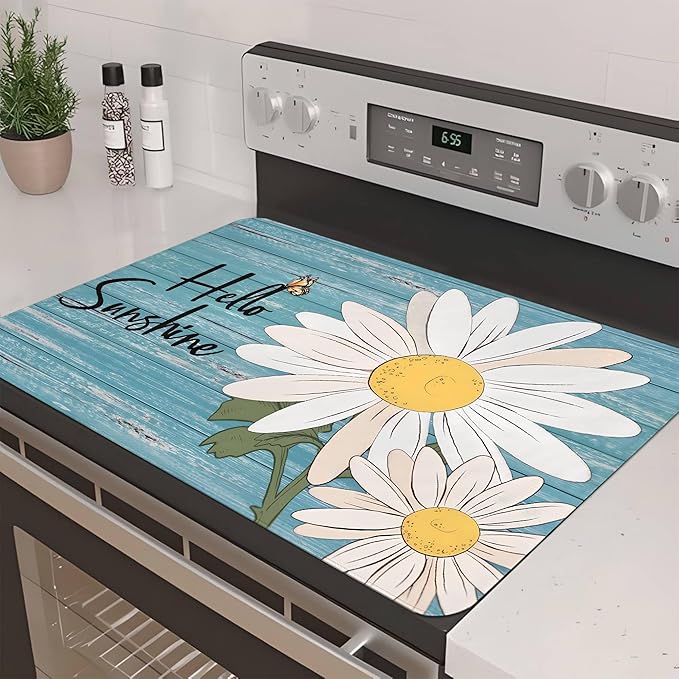 Decorative Stove Top Covers for Electric Stove 28"x20" – Heat Resistant Glass Cooktop Protector Dish Drying Mat – Non-Slip Rubber Backing Washer Top Cover Waterproof Extra Counter Space (Daisy)