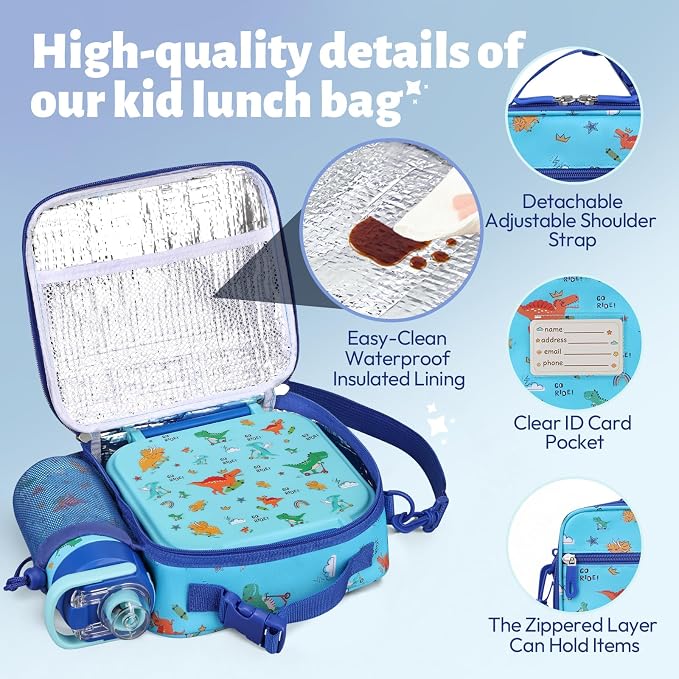 Itslife Bento Lunch Box for Kids Set, insulated food container, 7 oz thermos for hot food, 12 oz thermos water bottle, Reusable Insulated Ice Bag & Fork Spoon Utensils Camping Travel Blue-KL