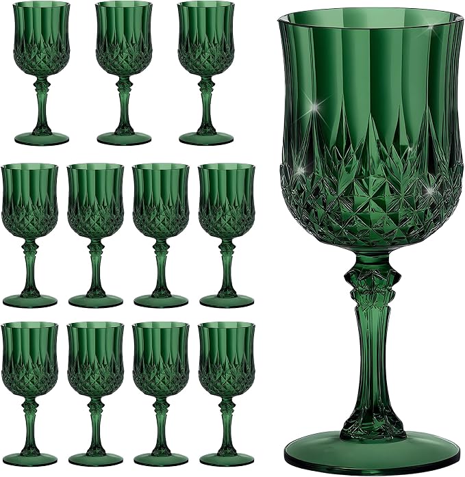 7OZ Plastic Wine Glasses, Reusable Vintage Goblets Unbreakable Drinking Glasses Crystal Water Cups Champagne for Wedding, Parties (12, Dark Green)