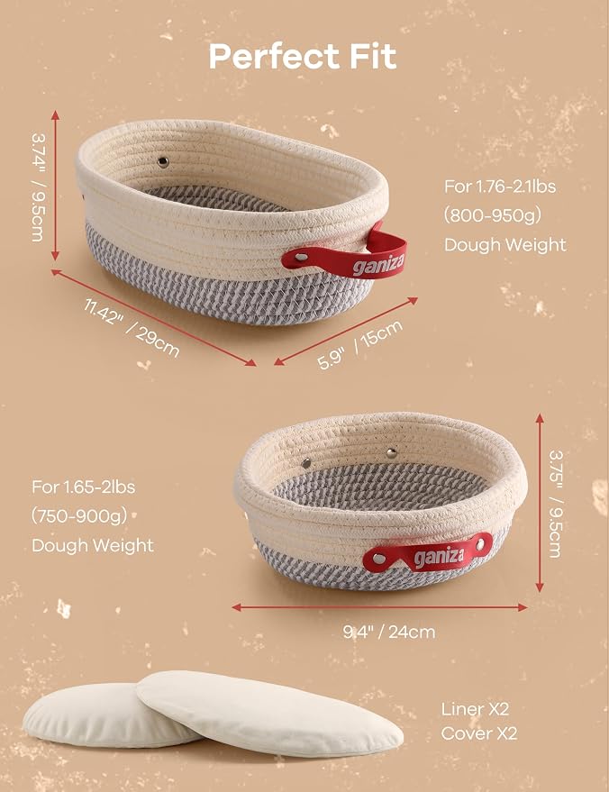 Ganiza 22-Piece Sourdough Proofing Basket Gift Set, Natural Cotton Rope | 9'' Round & 10'' Oval Banneton Basket with Liners & Covers, Easy to Clean, Sourdough Starter Kit with Recipe for Bread Baker