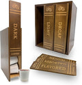 The Coffee Pod Library | Elegant Countertop Organizer & Display for Coffee Lovers | Compatible with K-Cups | Set of 3 Book-Inspired Bamboo Boxes with Stand | 6 Sliding Lids with Labels