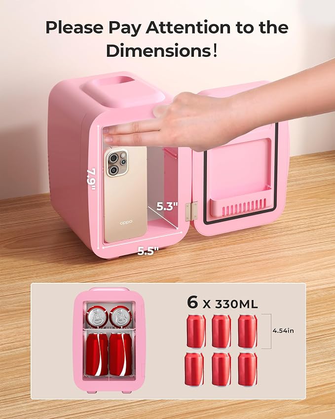 BEICHEN Mini Fridge, 4 Liter/6 Can Portable Refrigerator for Bedroom Office Dorm Car– Fast Cooling, Low Noise, 100-125V AC/5-12V USB Small Compact Refrigerator for Skincare, Food, Drinks(Pink)