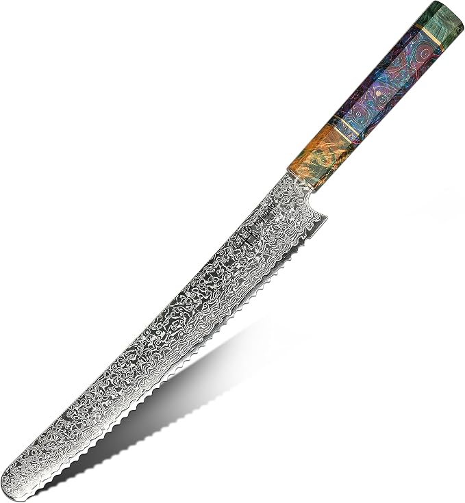 Damascus Chefs Knife Bread Slicer Unique One of Kind Handle Professional 10 Inch Japanese Chefs Kitchen Knife Vg10 67 Layers Damascus Steel Knive - Part of Chef Knife Set