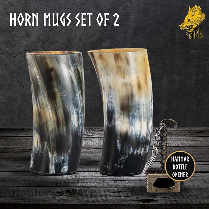 FENRIR Viking Drinking Horn Mug Set of 2 – Gifts for Men, Dad, Husband – Unique Viking Gift – Natural Ox Horn Cup with Opener – For Beer, Ale, Mead (12-13 Oz/Glass)