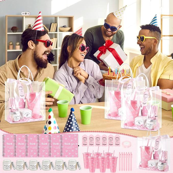 Nuogo 12 Sets New Parent Shower Prizes for Player Winners Adult, Wedding Bridal Shower Gift, Plastic Tumbler Notebook Scented Candle Ballpoint Pen Bag (Pink Color,Bow Style)