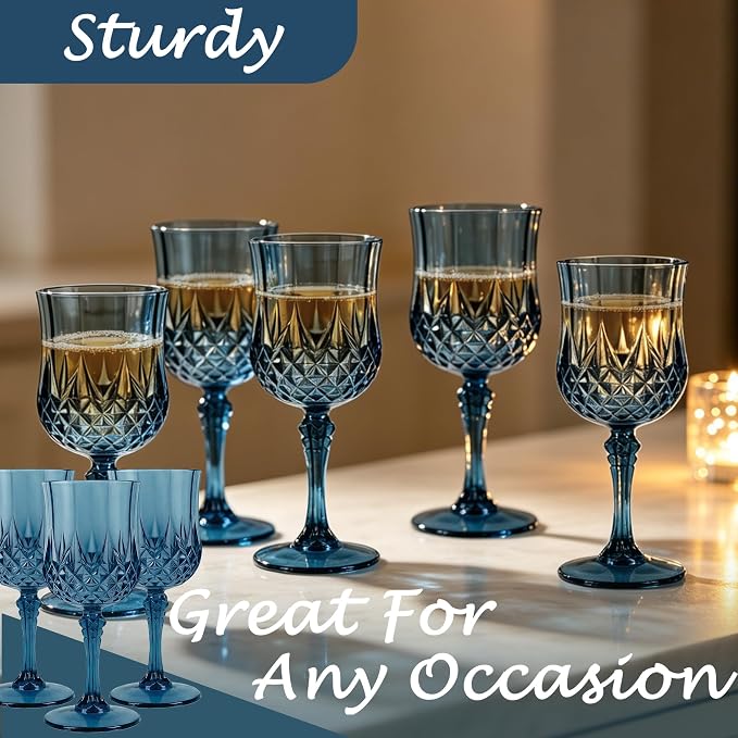 Plastic Wine Glasses, Plastic Goblets Vintage Style Cordial Unbreakable Drinking Glasses, Reusable Drinkware for Wedding Reception, Grand Event Party Supplies (12, Navy Blue)