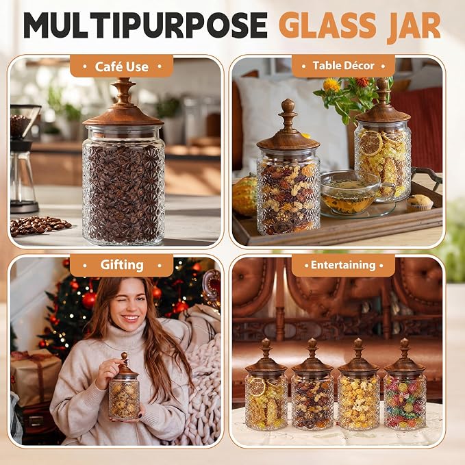 Suclain 6 Pack 24 oz Vintage Glass Jars with Wooden Crown Lids, Decorative Jars with Star Pattern, Airtight Glass Food Storage Containers for Tea Coffee Spice Pantry Organization