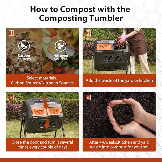 43-Gal Dual Chamber Compost Tumbler Outdoor, 360° Rotating Compost Bin with Steel Frame, Aeration System & 2 Sliding Doors for Kitchen, Garden, Yard - Black Orange
