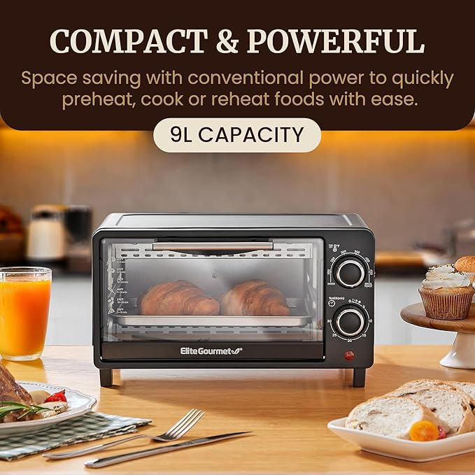 Elite Gourmet ETO490 9L/4 Slice Countertop Toaster Oven with 30-Minute Timer, Adjustable Temperature Control, Includes Baking Pan, Wire Rack and Crumb Tray, Bake, Broil, Toast, Black