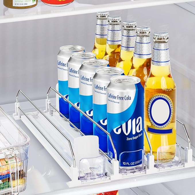 Drink Organizer for Fridge, Automatic Pusher Soda Can Dispenser for Refrigerator, Adjustable Width Holds up to 15 Cans Fridge Drink Organizer for Beer Beverage-3Row 15.3" D x 9.9" W