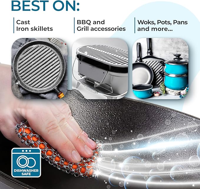 Cast Iron Care Bundle: 316 Stainless Steel 𝐓𝐫𝐢𝐩𝐥𝐞 𝐑𝐢𝐧𝐠 𝐂𝐡𝐚𝐢𝐧𝐦𝐚𝐢𝐥 Scrubber (Orange) & Extra Thick Leather Handle Cover (𝐌𝐚𝐝𝐞 𝐢𝐧 𝐆𝐞𝐨𝐫𝐠𝐢𝐚) – Perfect for Pan