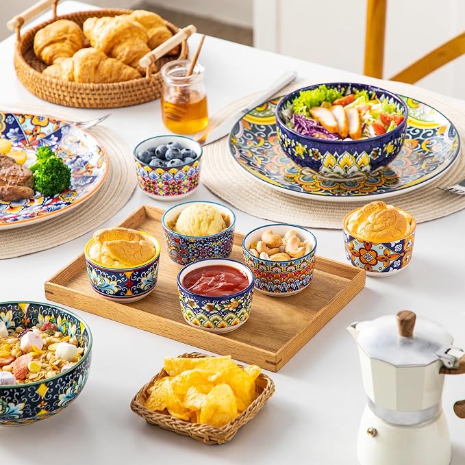 vancasso 4 Oz Ramekins Oven Safe Set of 6, Bohemian Creme Brulee Ramekins, Colorful Souffle Dishes, Pudding Custard Cups for Baking, Small Ceramic Bowls for Dipping Sauce, Ice Cream