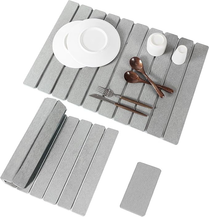 2pcs Stone Dish Drying Mat for Kitchen Counter, Quick-Dry Diatomaceous Earth Water Absorbent Pad & Countertop Drainer, Home Essentials for Bath and Pets - Light Grey, 24x16’’ & 8x4’’