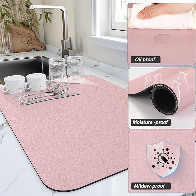 HotLive Dish Drying Mat for Kitchen Counter, Heat Resistant Drainer Mats with Non-slip Rubber Backed, Hide Stain Kitchen Super Absorbent Draining Mat, Easy to Clean Dish Rack Pad, Pink 16"x18"