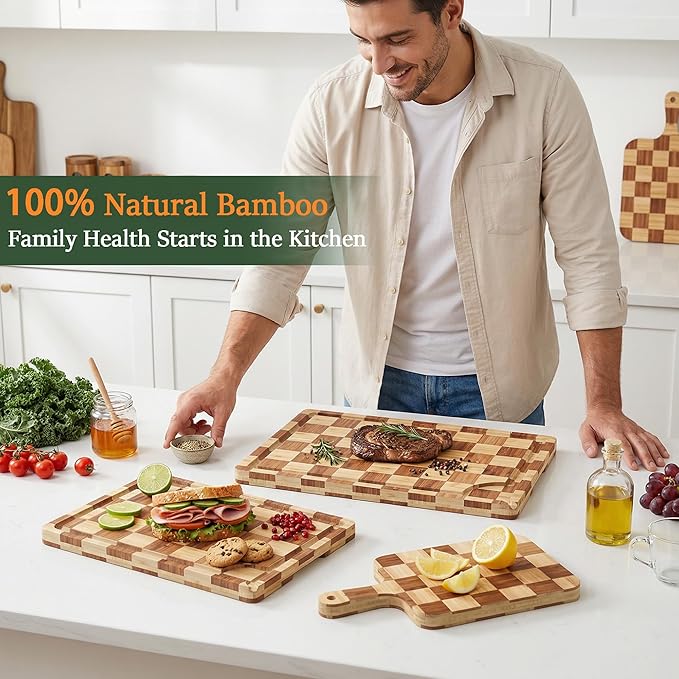 Bamboo Cutting Board Set of 3 for kitchen Checkered End Grain Wood Chopping Boards with Storage Stand & Deeper Juice Grooves | Wooded Butcher Block for Meat, Cheese, Charcuterie & Kitchen Prep