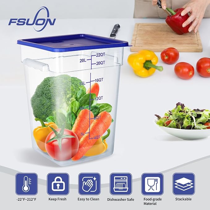 4 Pack 22 Qt Square Polycarbonate Food Storage Containers with Lids | Clear BPA-free PC with lids, side handles, measurement scale and stackable design; for food prep, storage and freezer use.