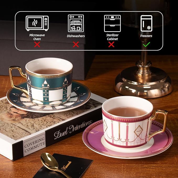 KAMMAK Tea Cups and Saucers Set of 2, Porcelain Coffee Cups, Stackable Espresso Mugs, Ceramic Demitasse for Coffee, Latte, Americano, Tea, Pink + London