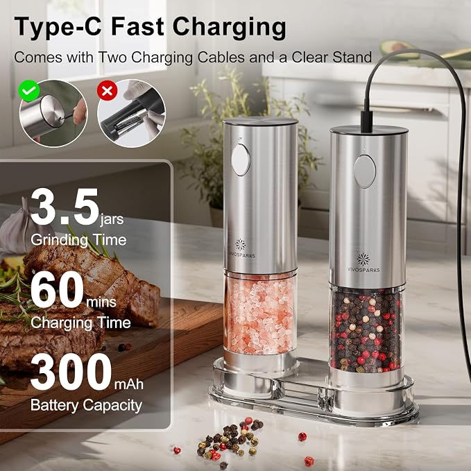 Electric Salt and Pepper Grinder Set, Rechargeable Automatic, Adjustable | USB-C rechargeable, one-hand automatic grinding, 6 coarseness levels, top-fill 3.2oz, storage base, stainless steel, LED