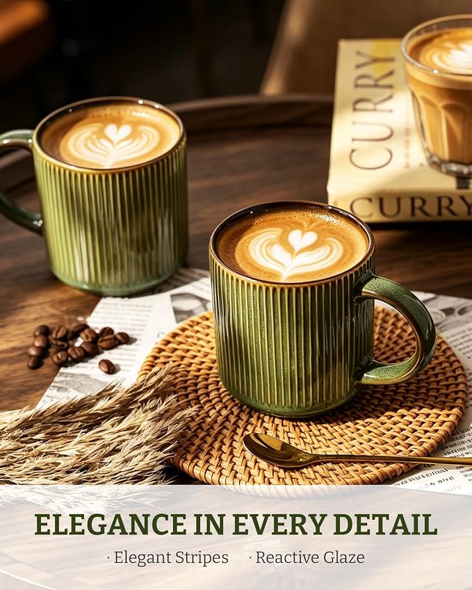 famiware Coffee Mug Set for 4, Star 12 oz Catering Mugs Cup Set with Handle for Coffee, Tea, Cocoa, Milk - Ceramic Stoneware Drinkware Set, Moss